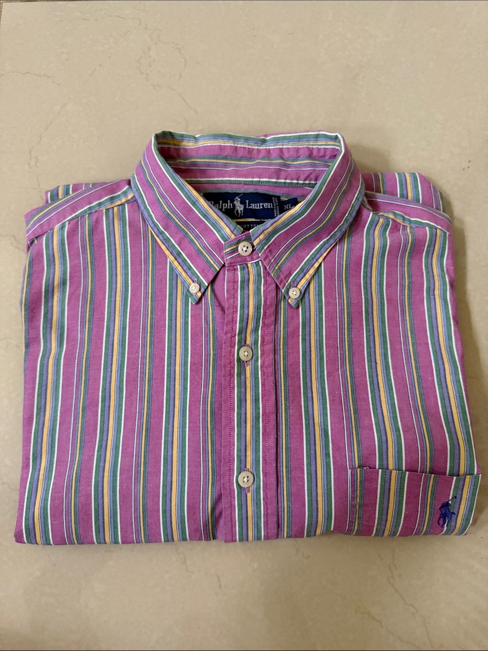 Ralph Lauren Men’s Pink Multi-Stripe Short-Sleeve Button Down Shirt
